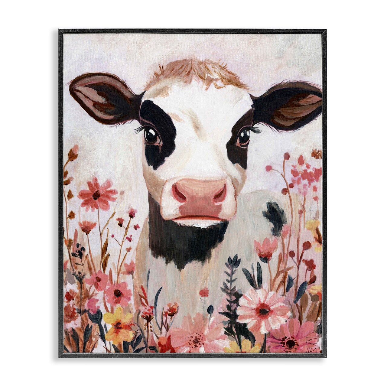Stupell Industries Cow and Pink Wild Flowers Framed Giclee, design by Sara Culpepper